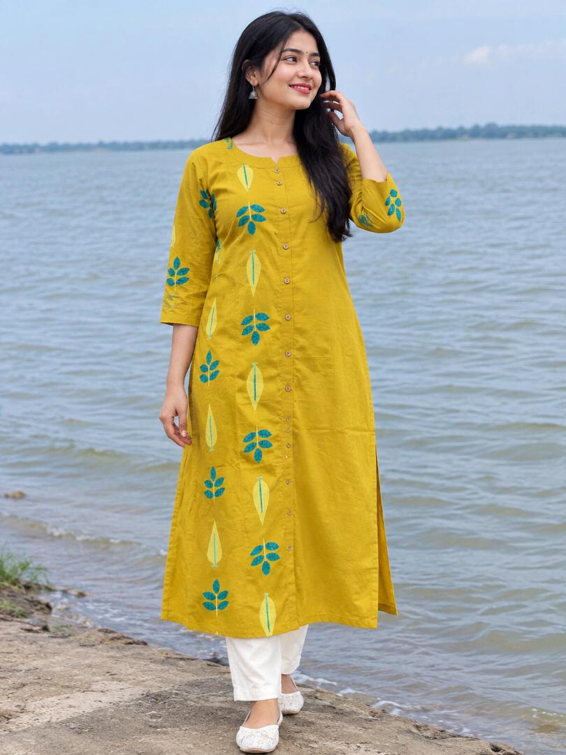 “Mustard Yellow Printed Straight Kurti