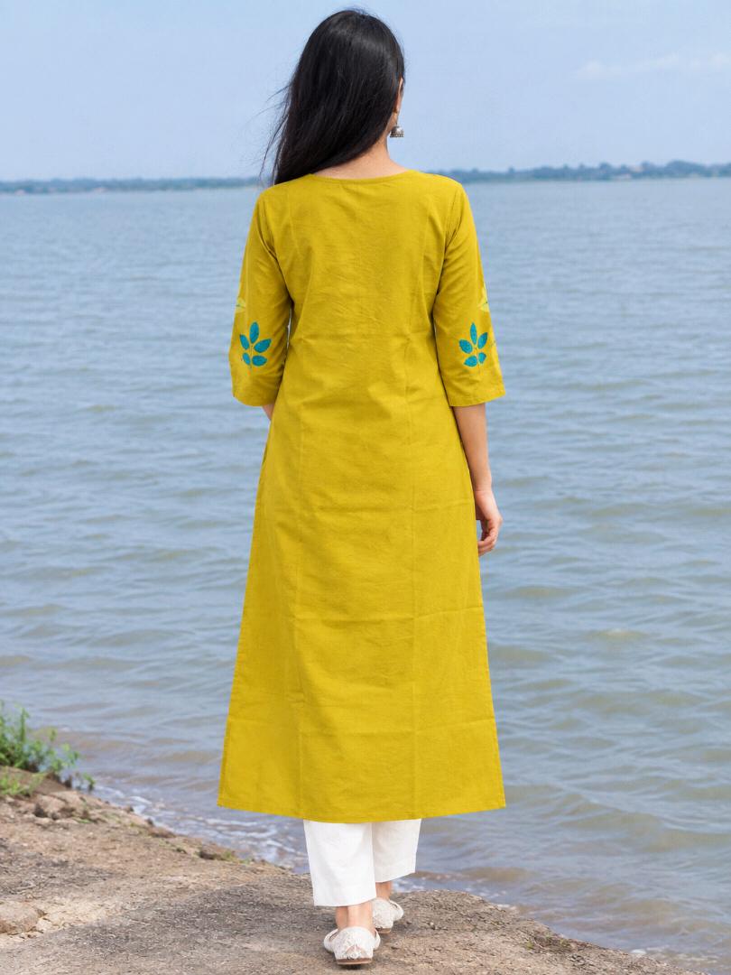 “Mustard Yellow Printed Straight Kurti