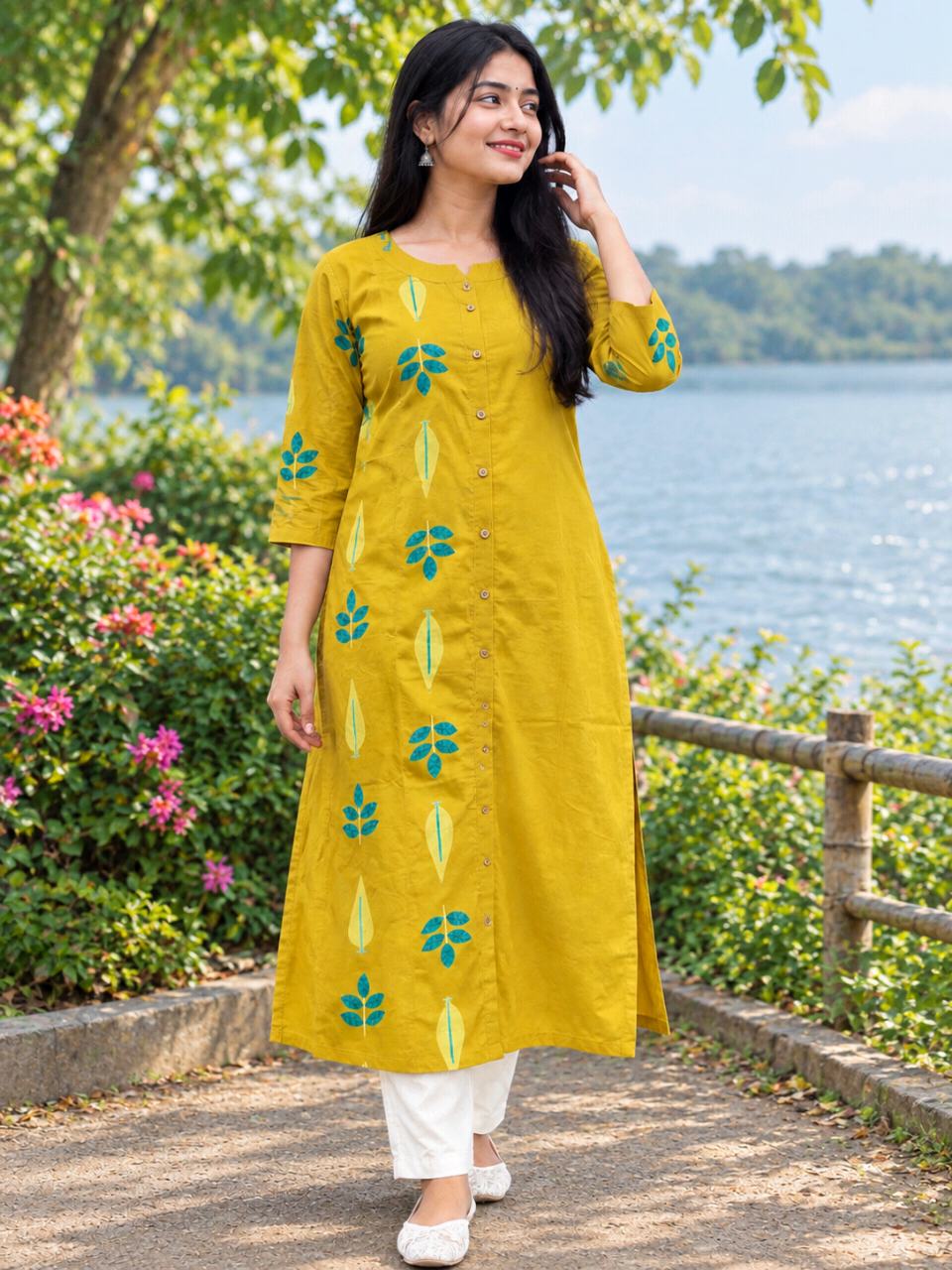 “Mustard Yellow Printed Straight Kurti