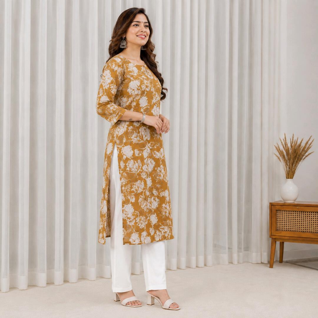 Stylish Mustard Floral Printed Kurta Set Pure Cotton