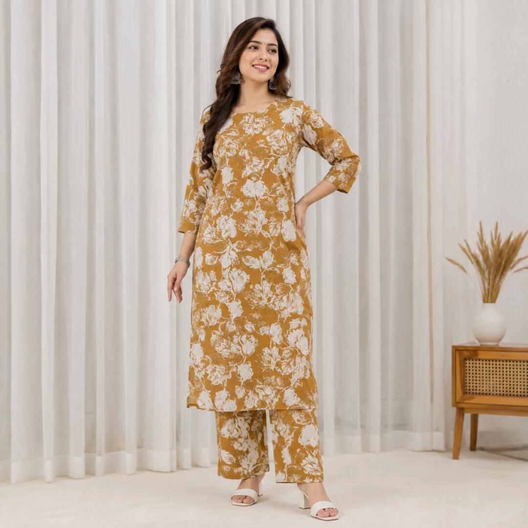 Stylish Mustard Floral Printed Kurta Set Pure Cotton