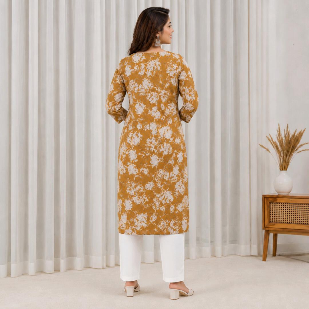 Stylish Mustard Floral Printed Kurta Set Pure Cotton