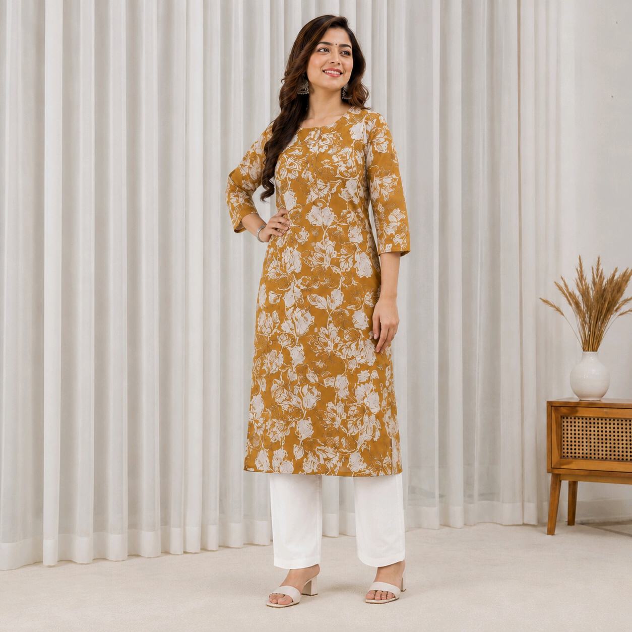 Stylish Mustard Floral Printed Kurta Set Pure Cotton