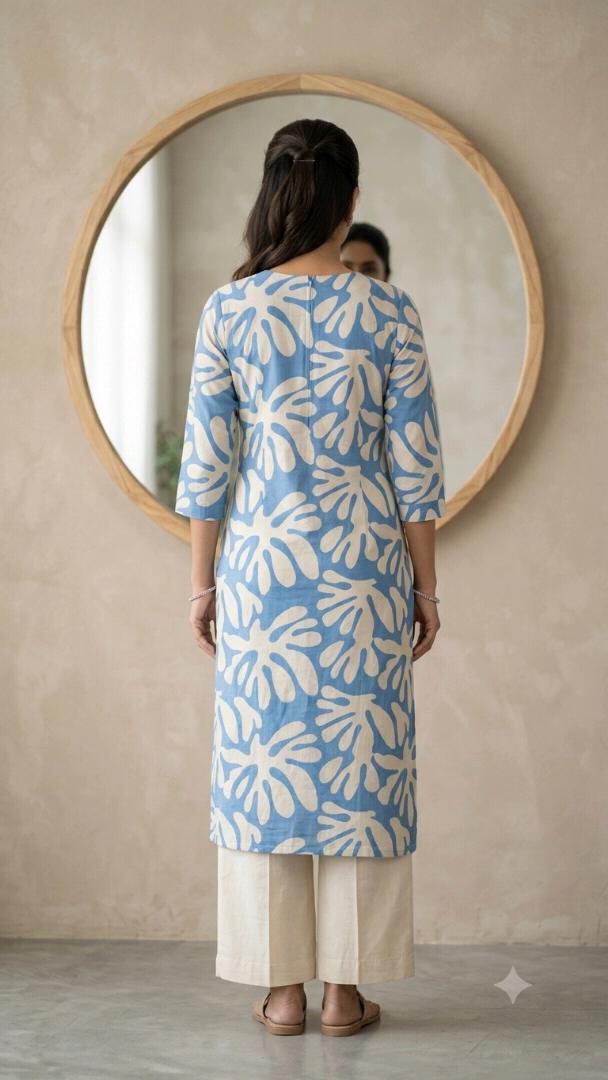 Trendy Floral Printed Cotton Straight Kurti for Women | Blue & White Daily Wear Casual Kurta