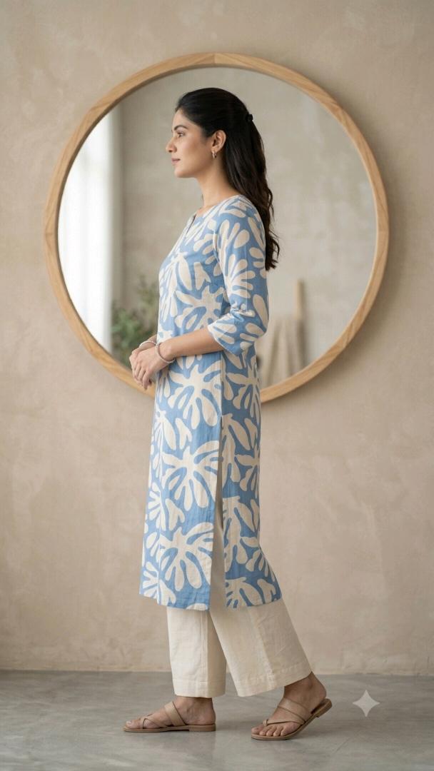 Trendy Floral Printed Cotton Straight Kurti for Women | Blue & White Daily Wear Casual Kurta