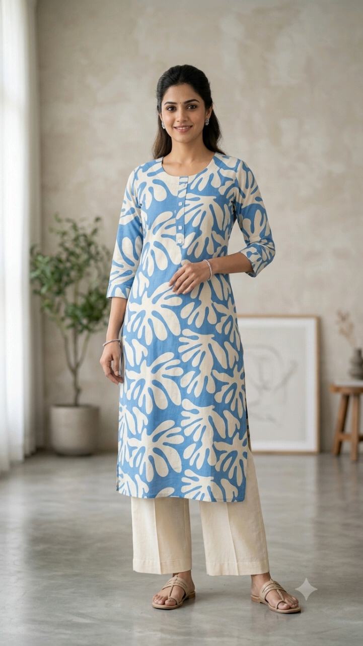 Trendy Floral Printed Cotton Straight Kurti for Women | Blue & White Daily Wear Casual Kurta