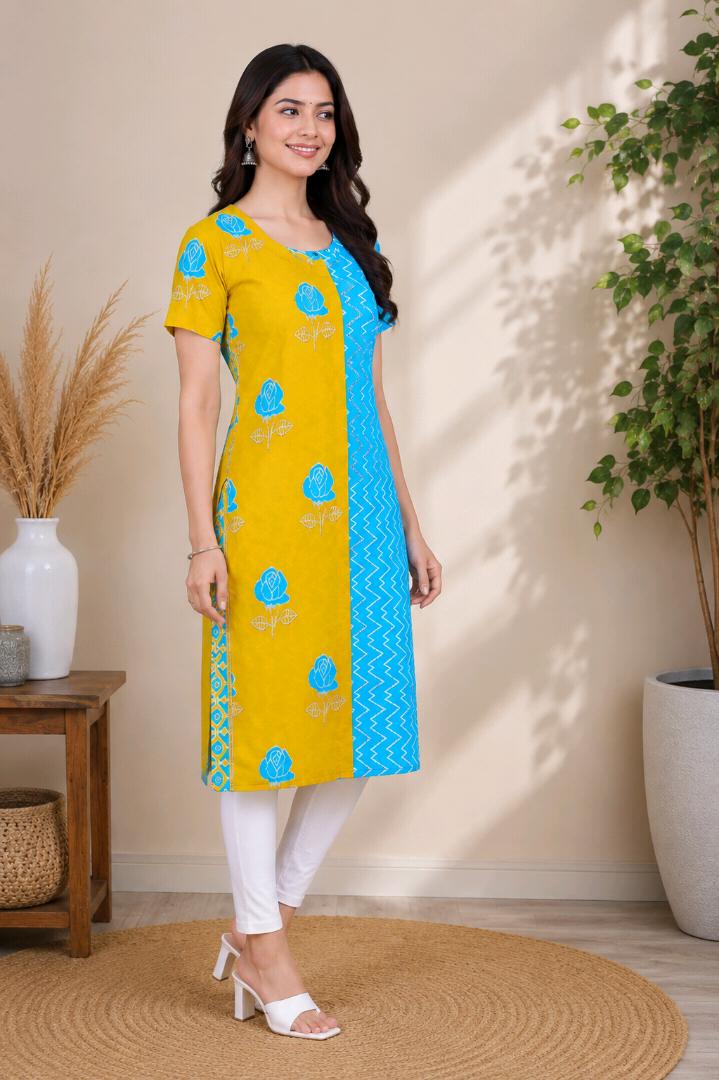 Women Blue & Yellow Printed Cotton Straight Kurti | Stylish Casual & Daily Wear