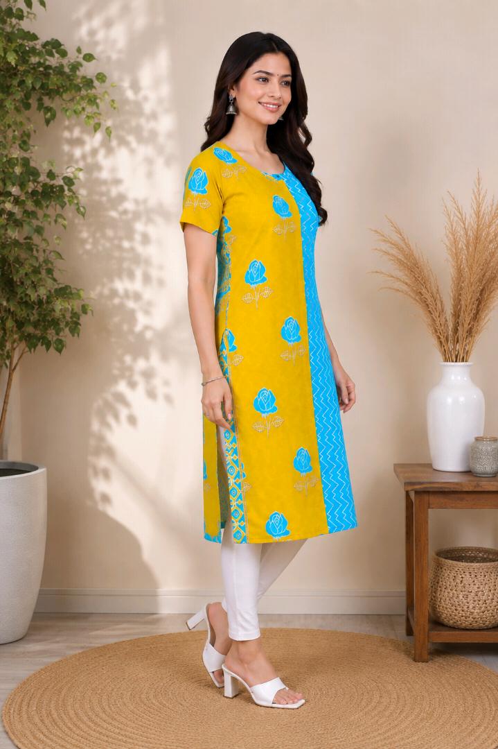 Women Blue & Yellow Printed Cotton Straight Kurti | Stylish Casual & Daily Wear
