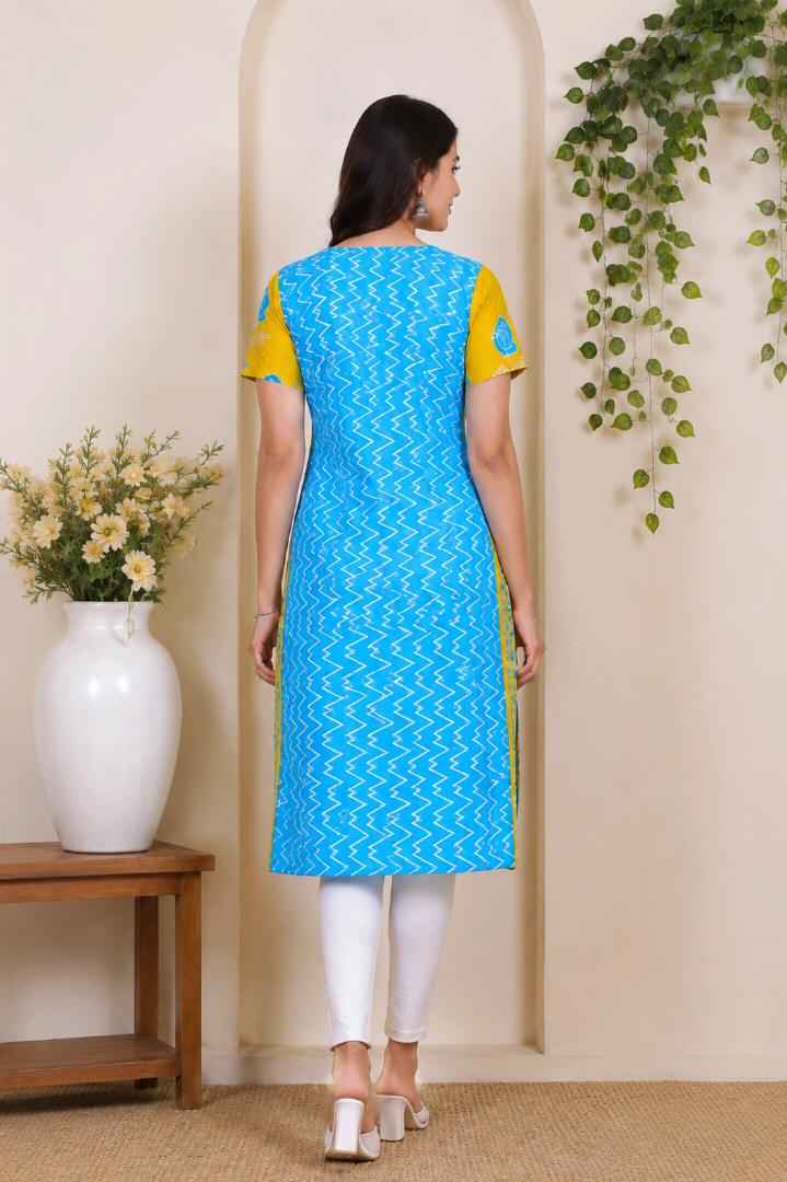 Women Blue & Yellow Printed Cotton Straight Kurti | Stylish Casual & Daily Wear