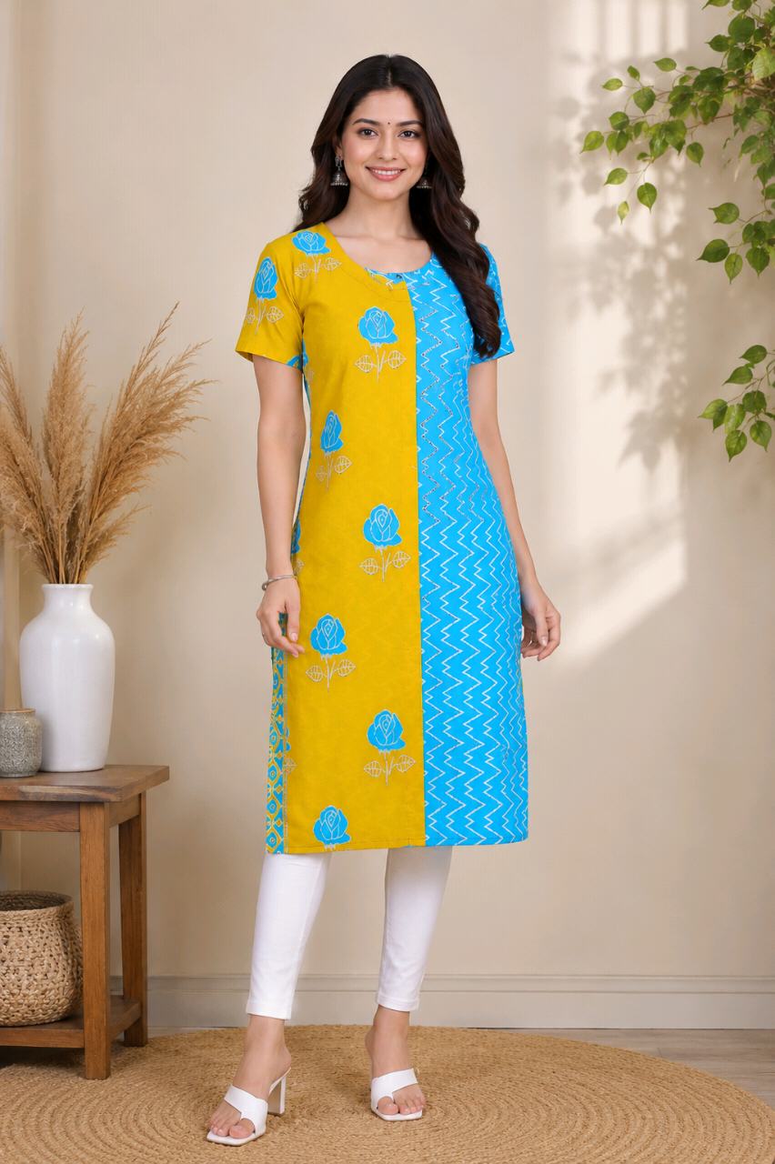 Women Blue & Yellow Printed Cotton Straight Kurti | Stylish Casual & Daily Wear