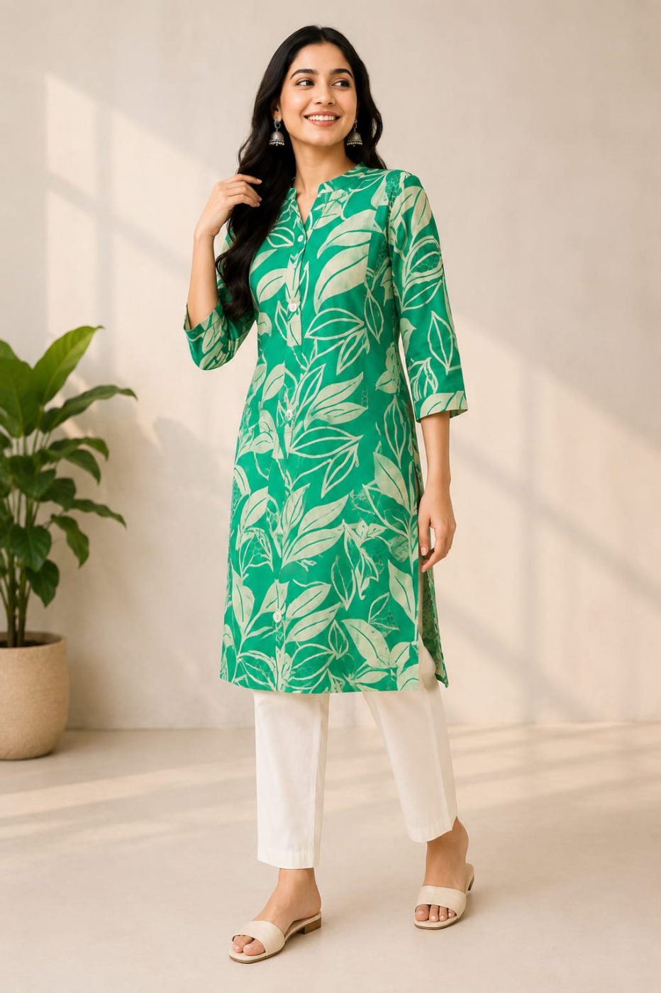 Women’s Green Floral Printed Cotton Straight Kurti | 3/4 Sleeve | Casual & Daily Wear