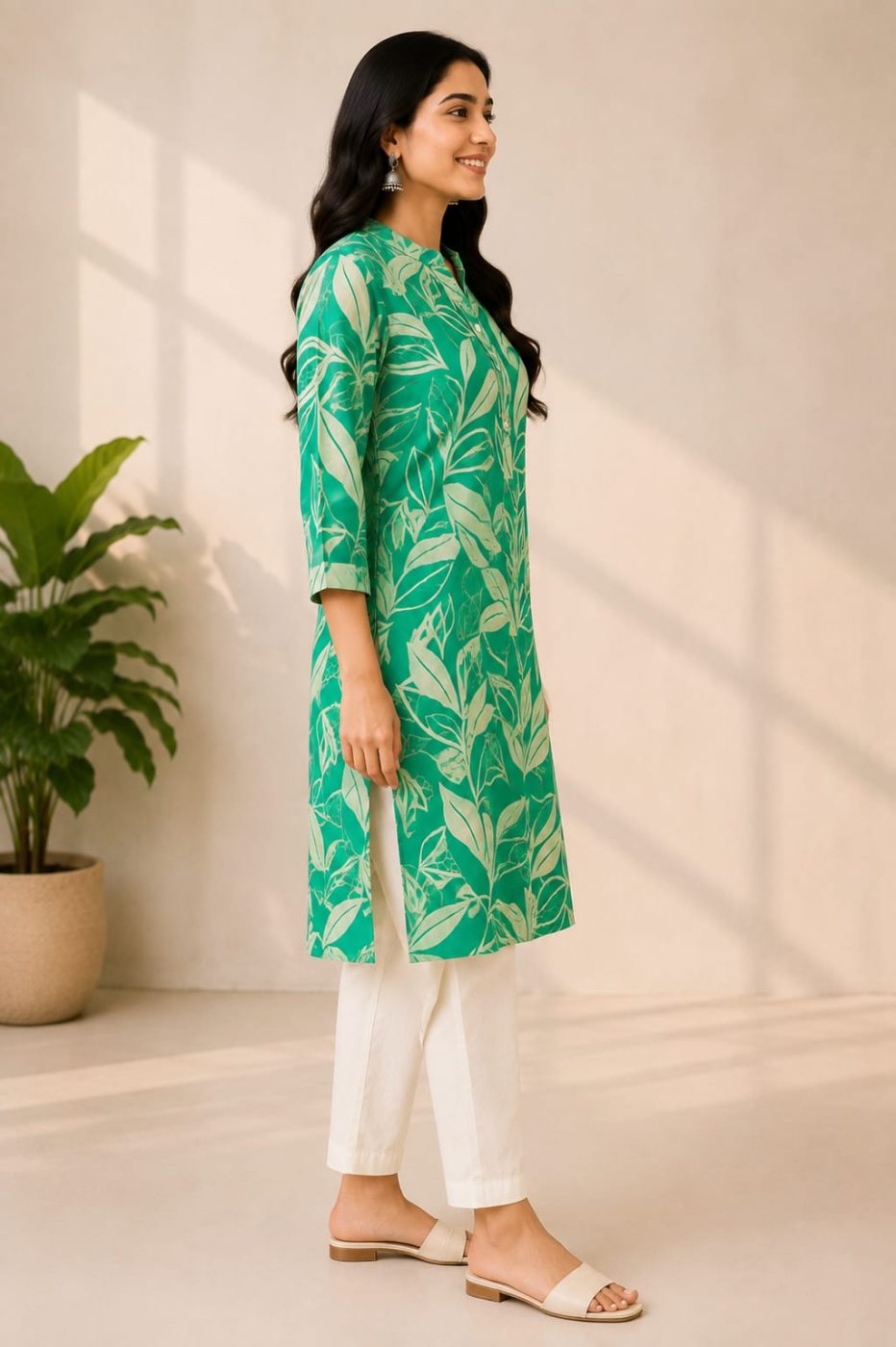 Women’s Green Floral Printed Cotton Straight Kurti | 3/4 Sleeve | Casual & Daily Wear