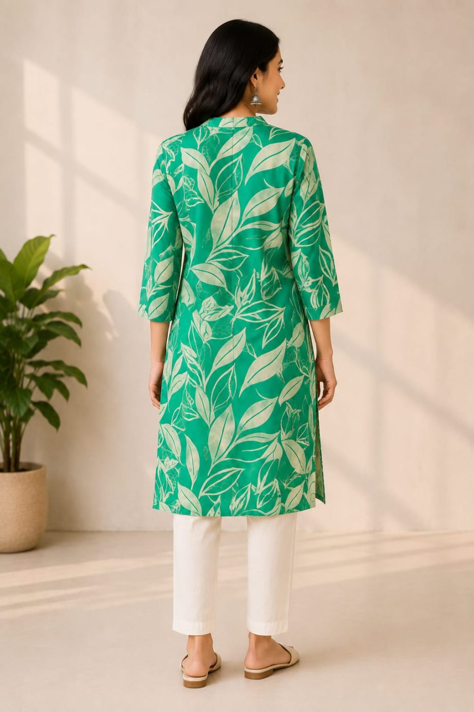 Women’s Green Floral Printed Cotton Straight Kurti | 3/4 Sleeve | Casual & Daily Wear