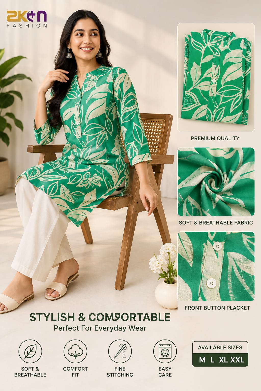 Women’s Green Floral Printed Cotton Straight Kurti | 3/4 Sleeve | Casual & Daily Wear