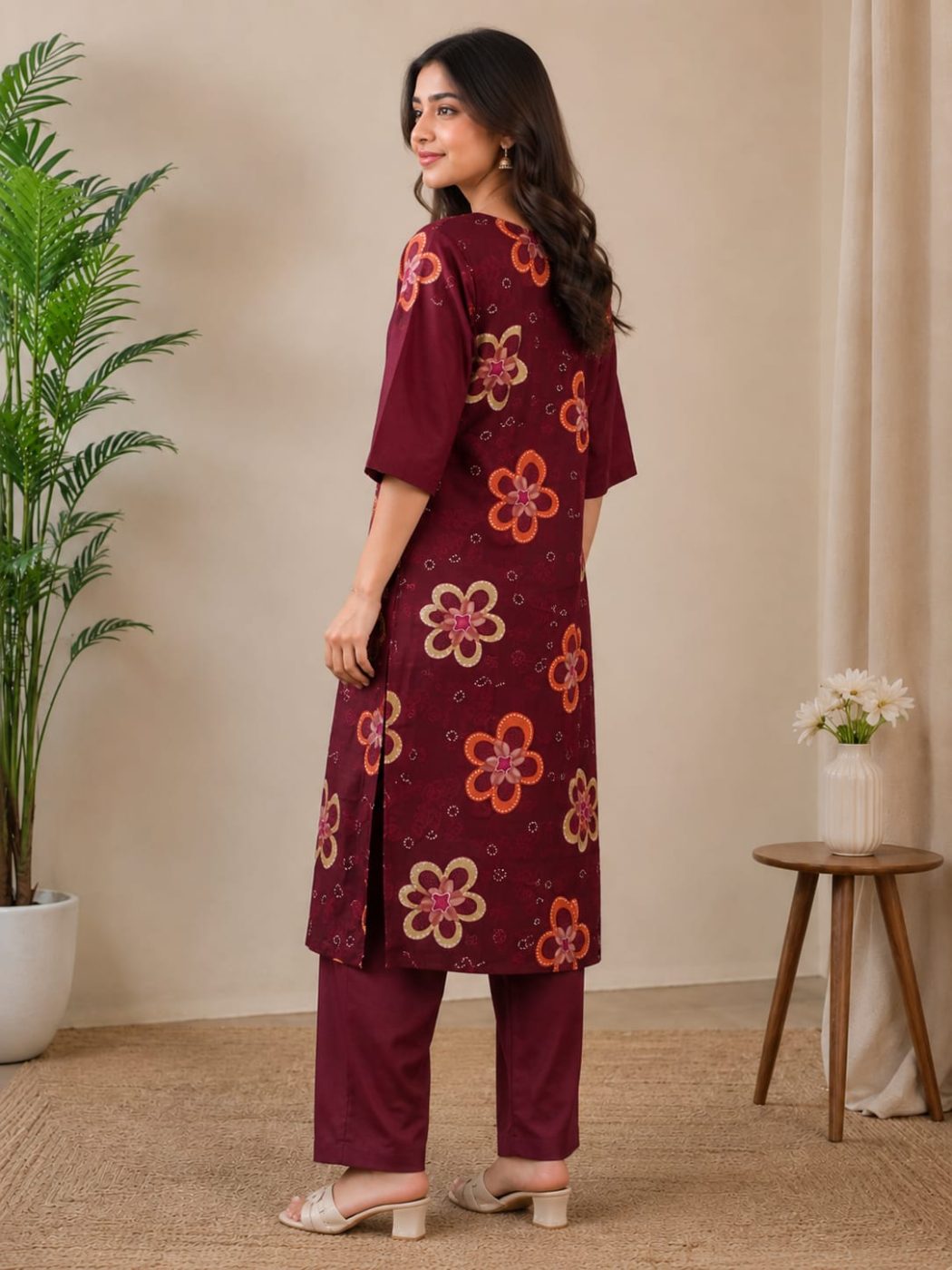 Women’s Maroon Floral Printed Cotton Kurti Pant Set | 3/4 Sleeve | Daily Wear Ethnic Set 2 Pices Kurti set