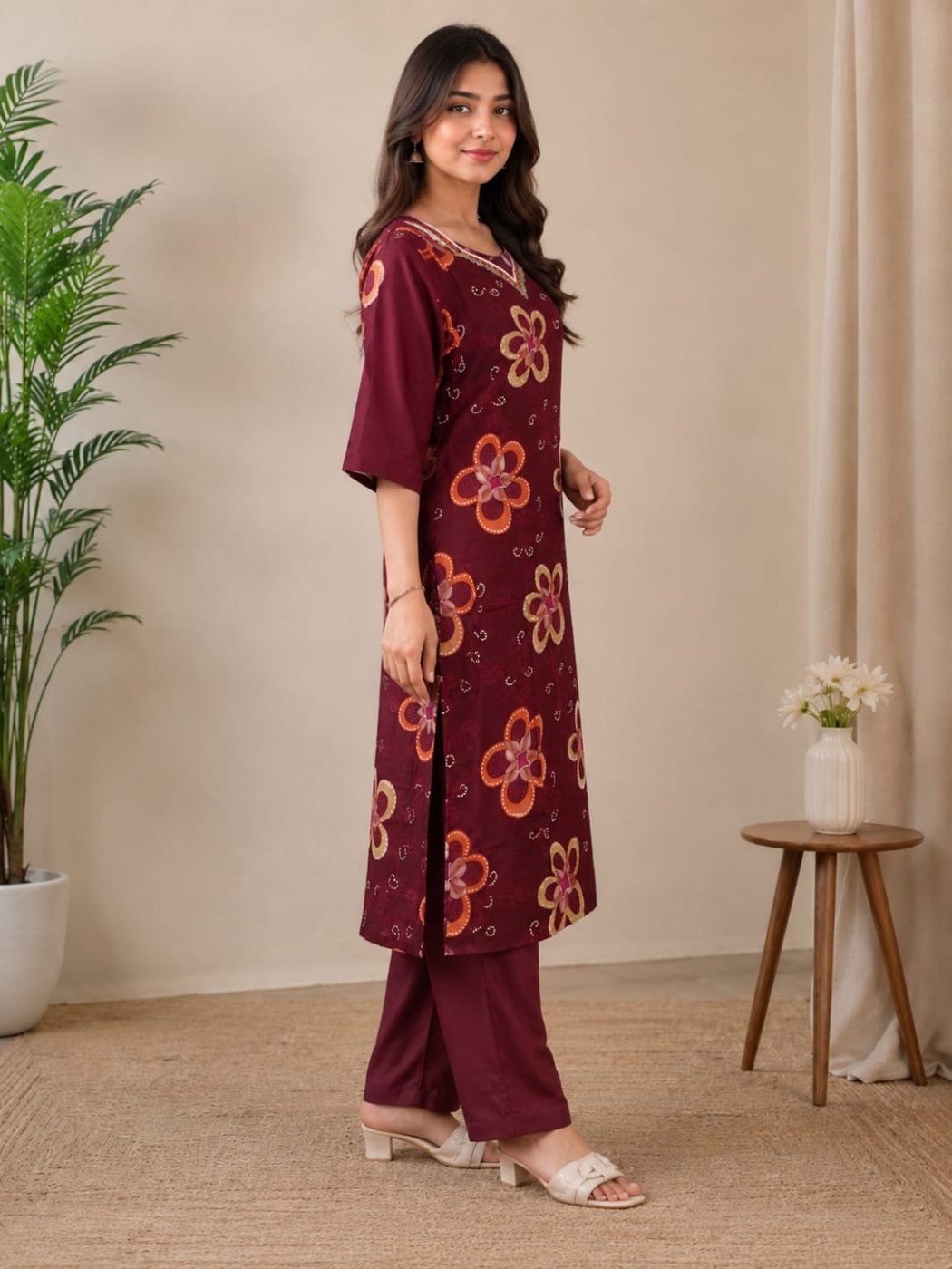 Women’s Maroon Floral Printed Cotton Kurti Pant Set | 3/4 Sleeve | Daily Wear Ethnic Set 2 Pices Kurti set