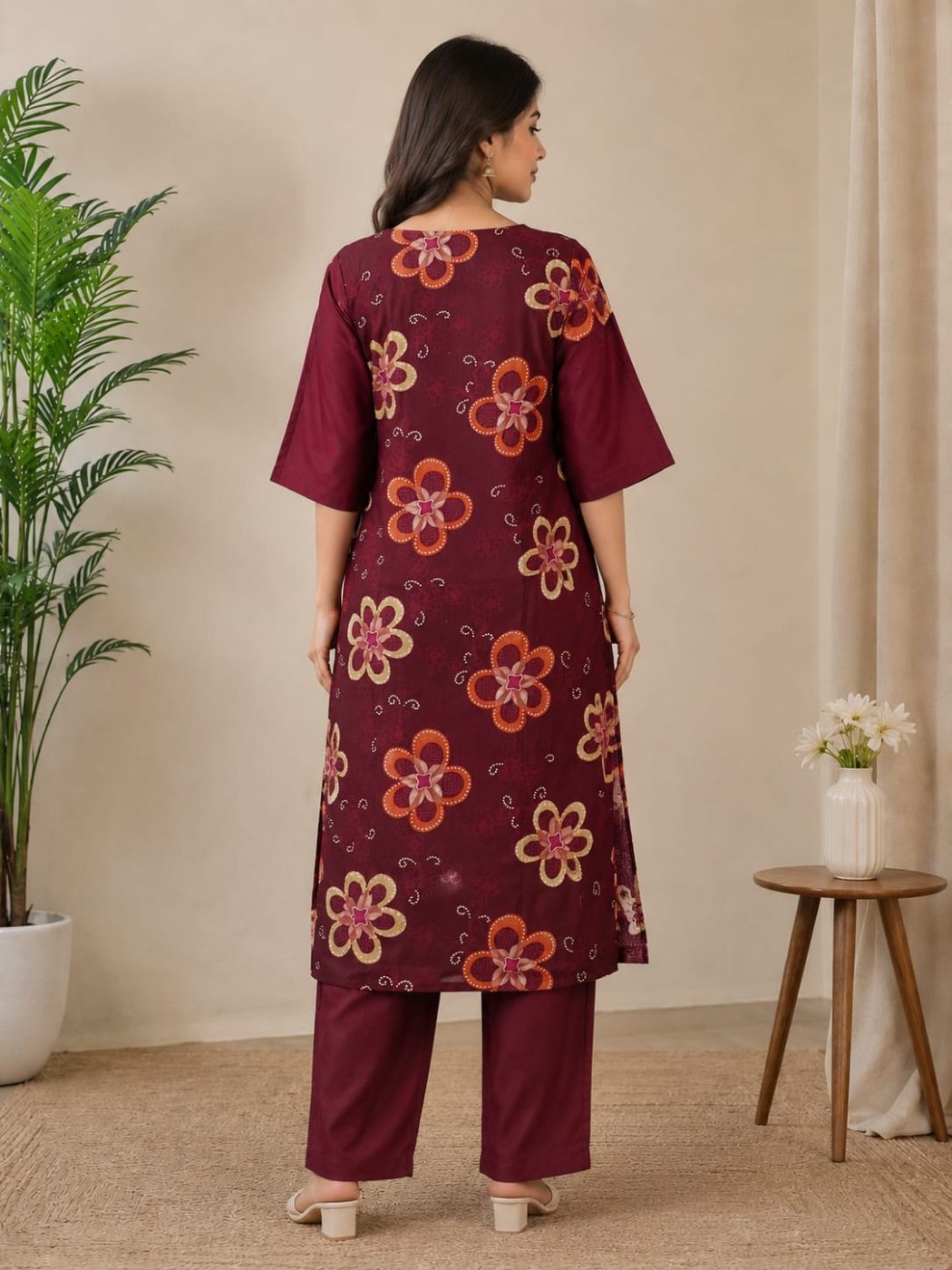 Women’s Maroon Floral Printed Cotton Kurti Pant Set | 3/4 Sleeve | Daily Wear Ethnic Set 2 Pices Kurti set