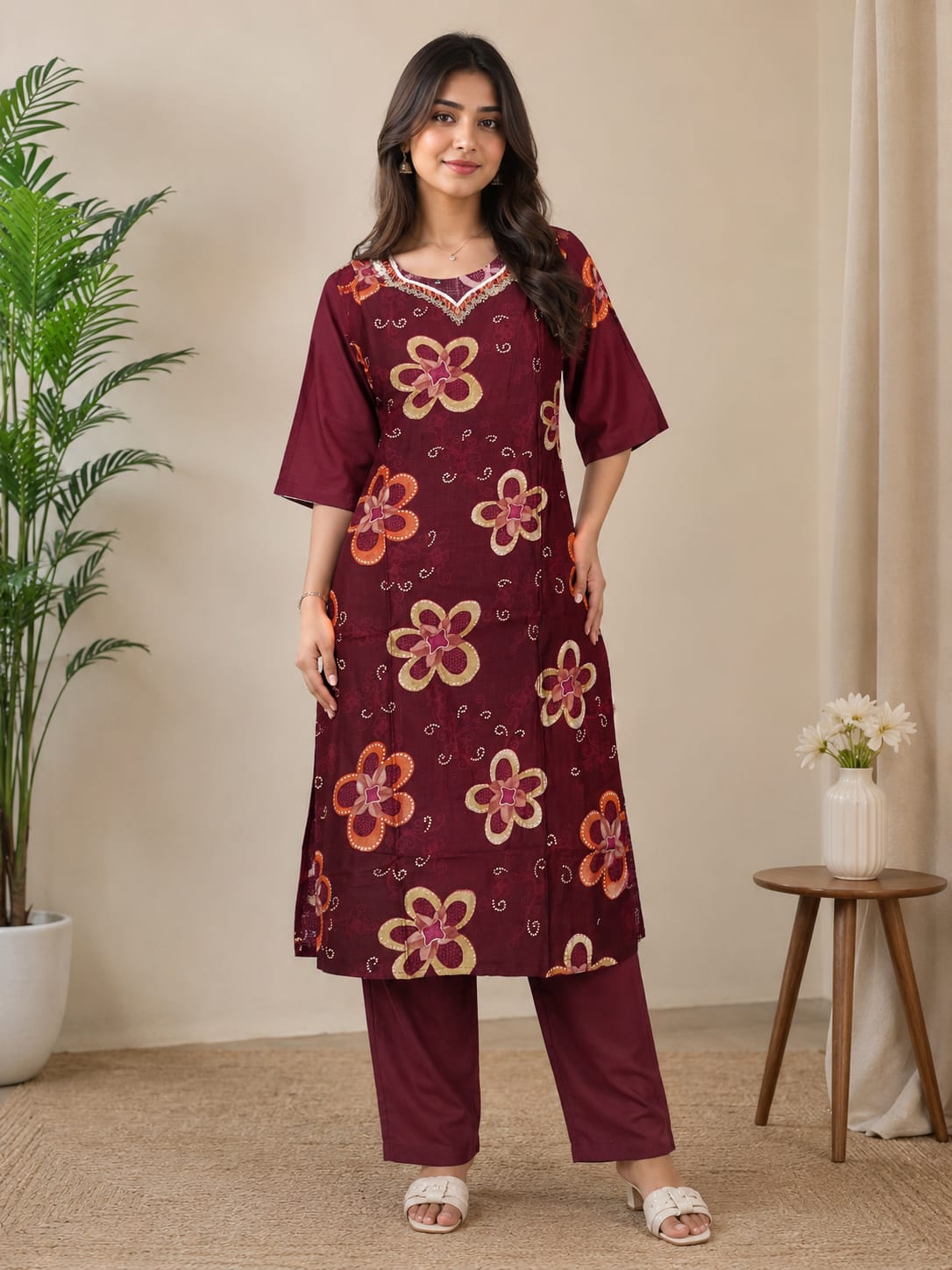 Women’s Maroon Floral Printed Cotton Kurti Pant Set | 3/4 Sleeve | Daily Wear Ethnic Set 2 Pices Kurti set