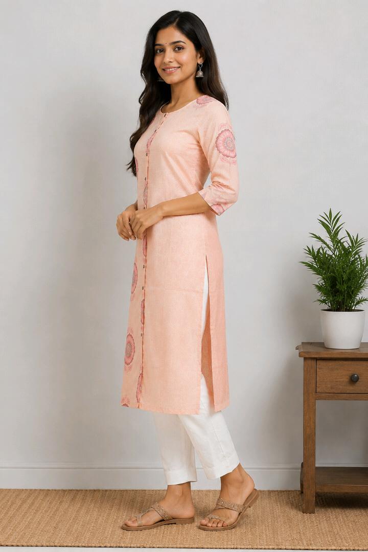 Women’s Peach Floral Printed Cotton Blend Straight Kurti | 3/4 Sleeve | Casual & Daily Wear