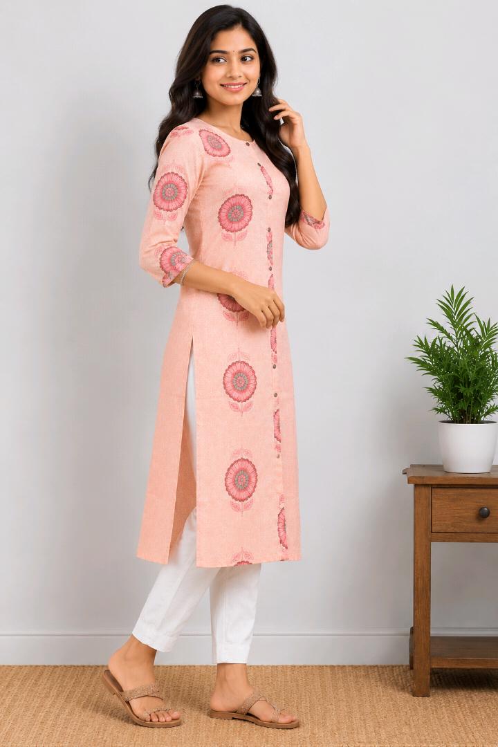 Women’s Peach Floral Printed Cotton Blend Straight Kurti | 3/4 Sleeve | Casual & Daily Wear