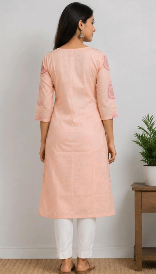 Women’s Peach Floral Printed Cotton Blend Straight Kurti | 3/4 Sleeve | Casual & Daily Wear