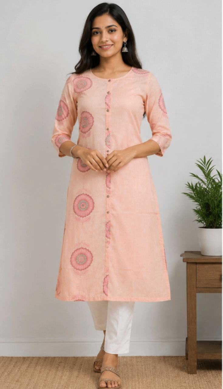 Women’s Peach Floral Printed Cotton Blend Straight Kurti | 3/4 Sleeve | Casual & Daily Wear