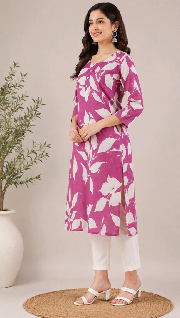 Women’s Printed Straight Kurta | Pink Floral Leaf Print Kurti | 3/4 Sleeve Cotton Look Ethnic Wear
