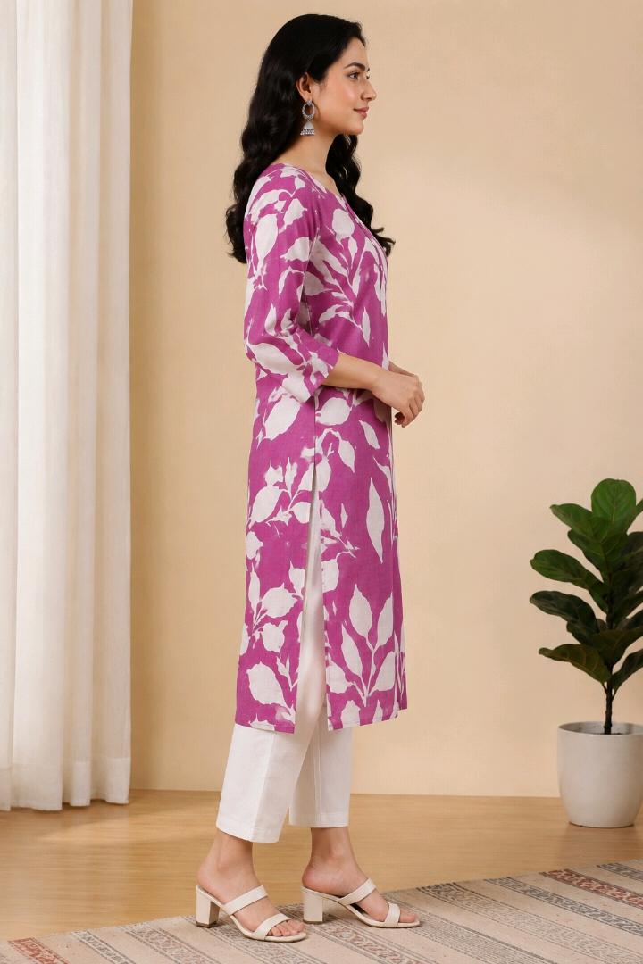 Women’s Printed Straight Kurta | Pink Floral Leaf Print Kurti | 3/4 Sleeve Cotton Look Ethnic Wear