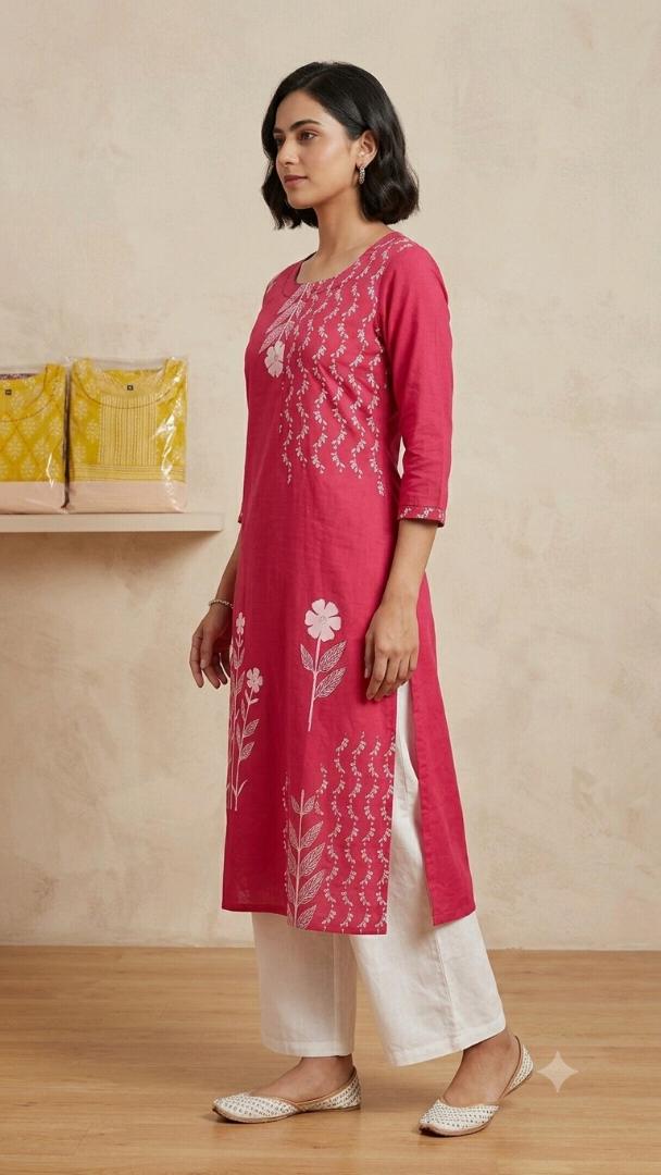 Women's Pure Cotton Kantha Work Floral Printed Straight Kurta (Rani Pink)