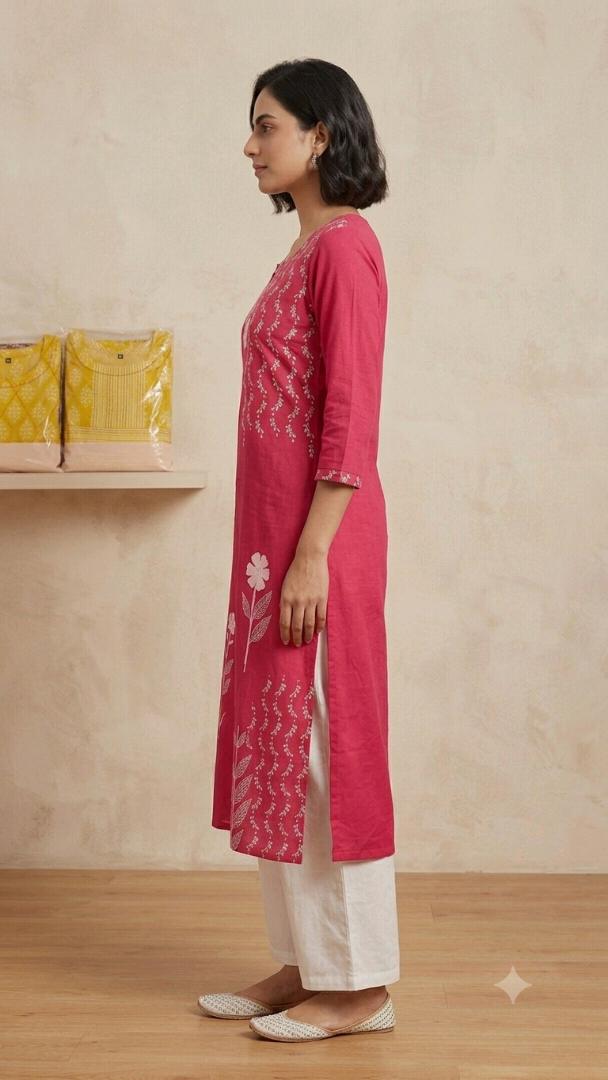 Women's Pure Cotton Kantha Work Floral Printed Straight Kurta (Rani Pink)