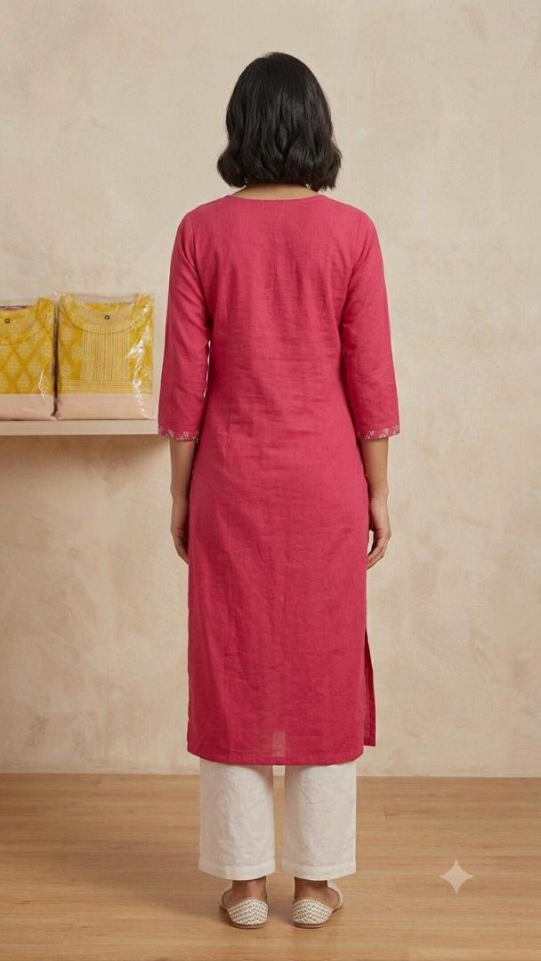 Women's Pure Cotton Kantha Work Floral Printed Straight Kurta (Rani Pink)