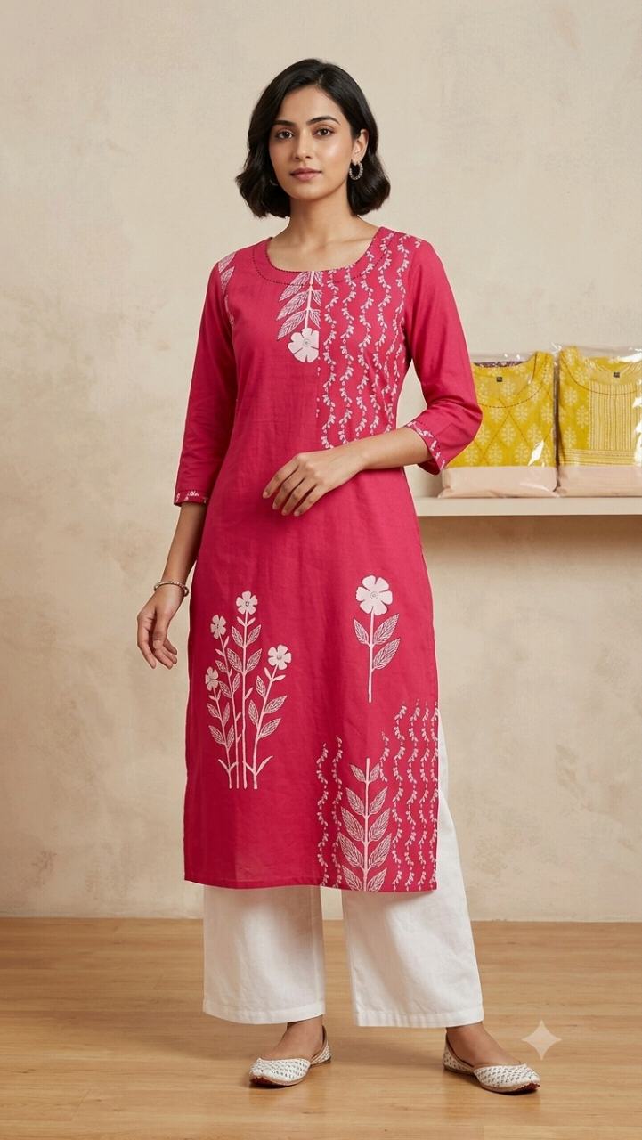 Women's Pure Cotton Kantha Work Floral Printed Straight Kurta (Rani Pink)