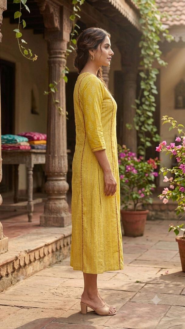 Women's Pure Cotton Kantha Work Floral Printed Straight Kurta (Yellow 🟡 )