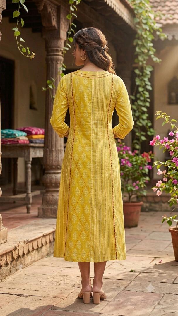 Women's Pure Cotton Kantha Work Floral Printed Straight Kurta (Yellow 🟡 )
