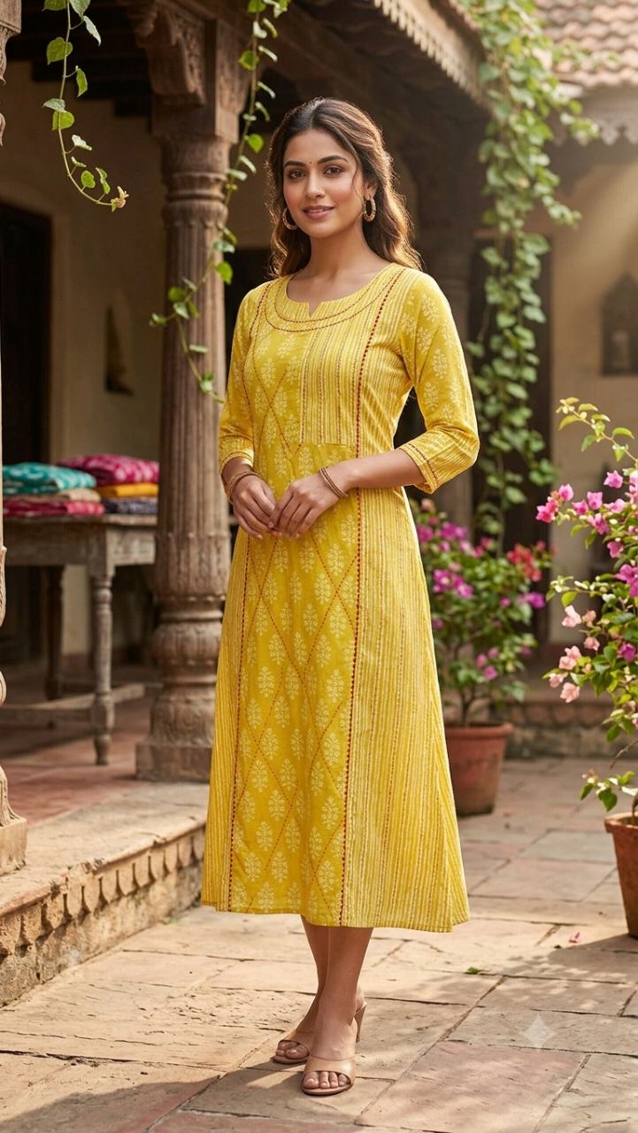 Women's Pure Cotton Kantha Work Floral Printed Straight Kurta (Yellow 🟡 )
