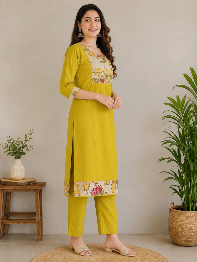 Women’s Pure Cotton Printed Kurta Pant Set | Mustard Yellow Floral 2 Piece Ethnic Wear Set