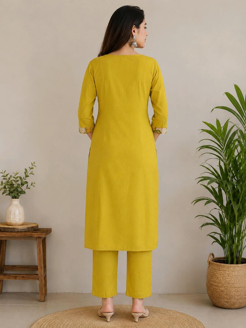 Women’s Pure Cotton Printed Kurta Pant Set | Mustard Yellow Floral 2 Piece Ethnic Wear Set