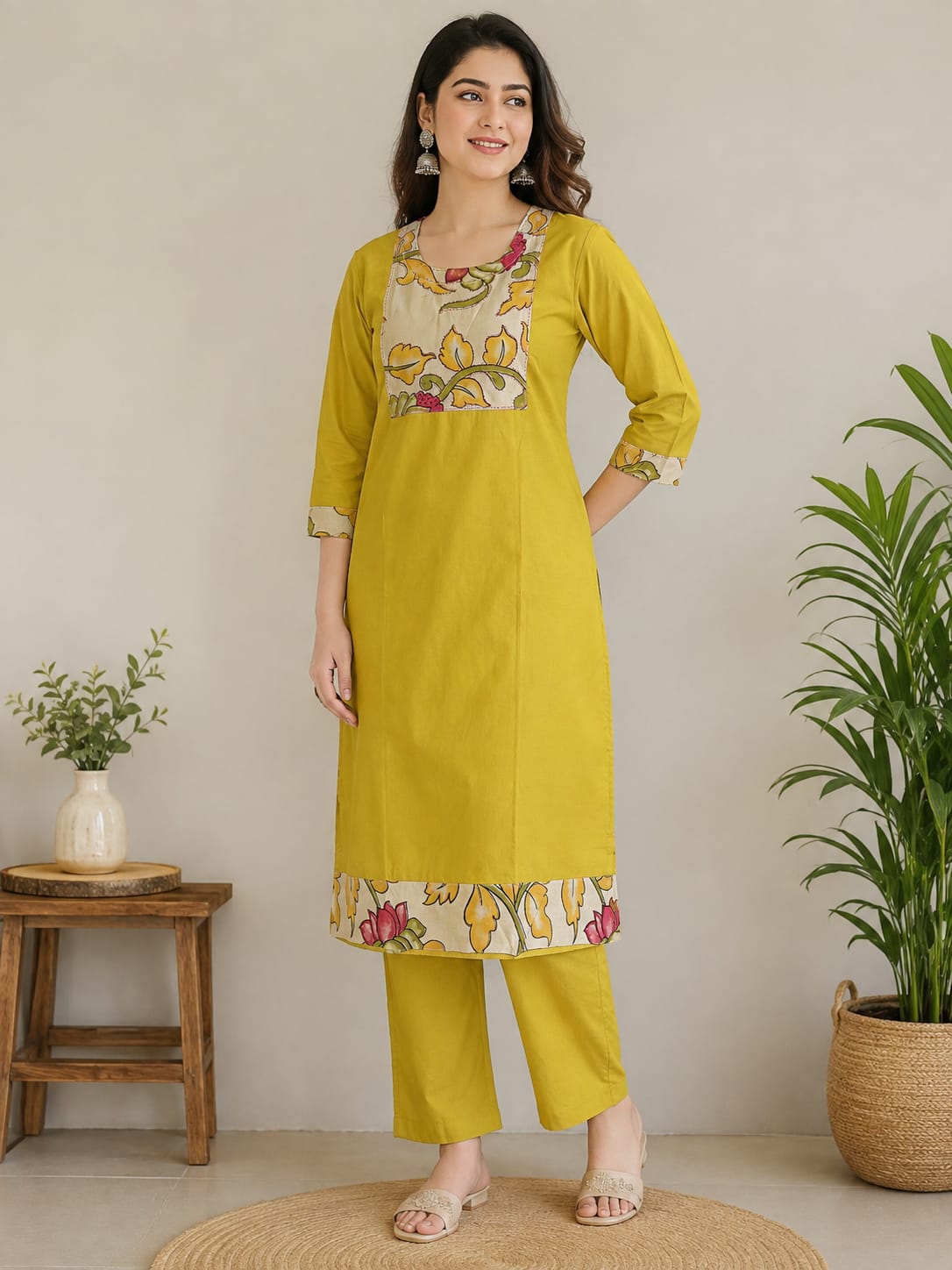 Women’s Pure Cotton Printed Kurta Pant Set | Mustard Yellow Floral 2 Piece Ethnic Wear Set