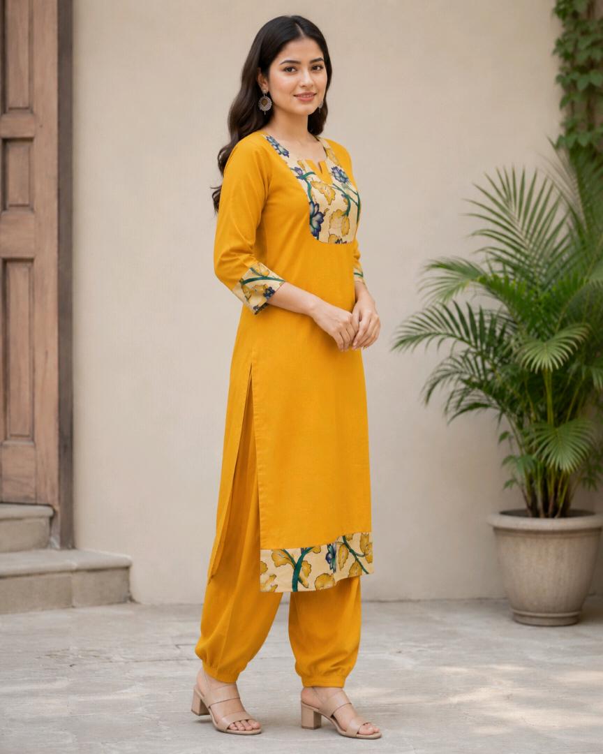 Women’s Pure Cotton Printed Kurta Pant Set | Mustard Yellow Floral 2 Piece Ethnic Wear Set