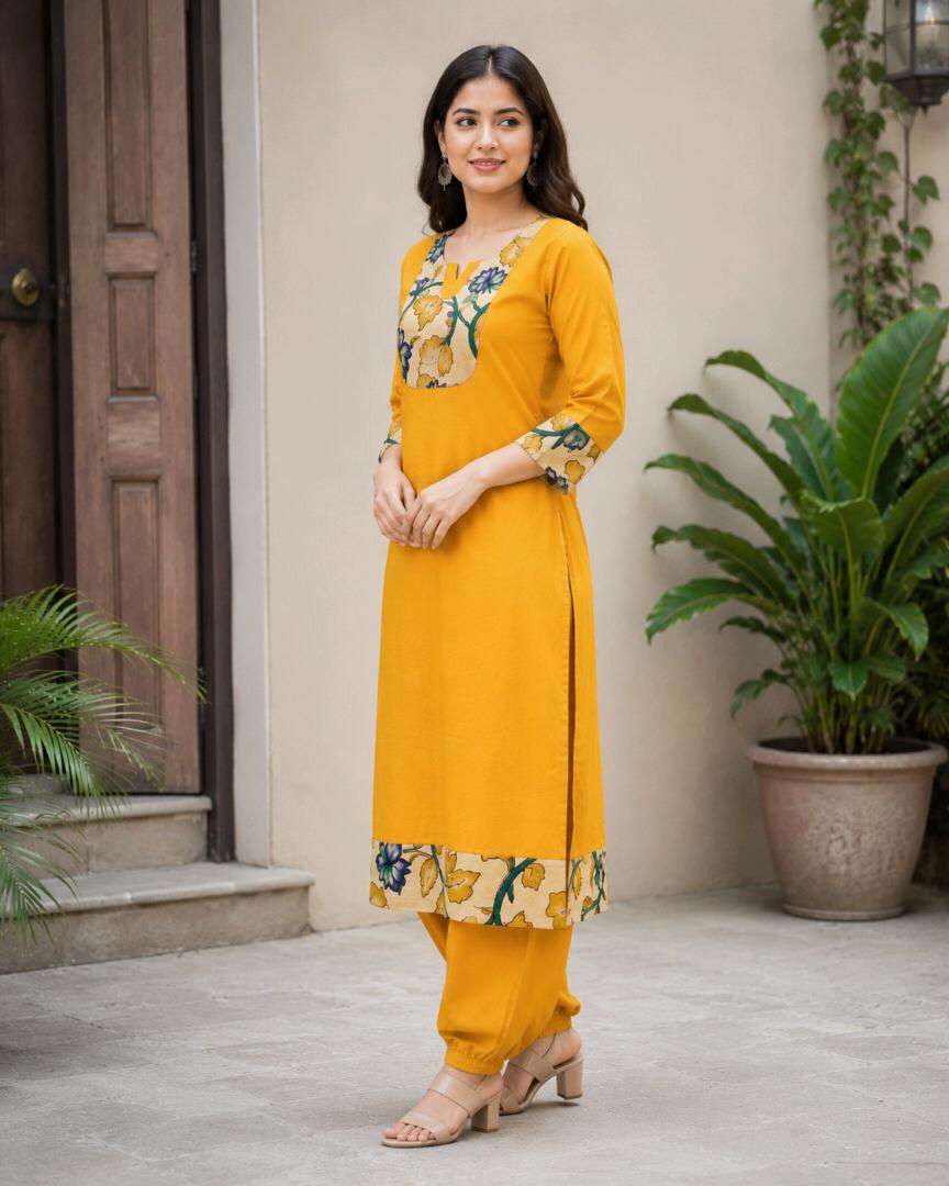 Women’s Pure Cotton Printed Kurta Pant Set | Mustard Yellow Floral 2 Piece Ethnic Wear Set