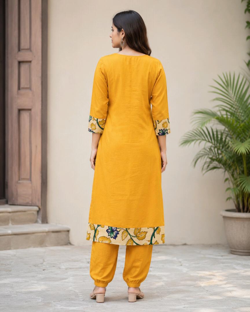 Women’s Pure Cotton Printed Kurta Pant Set | Mustard Yellow Floral 2 Piece Ethnic Wear Set