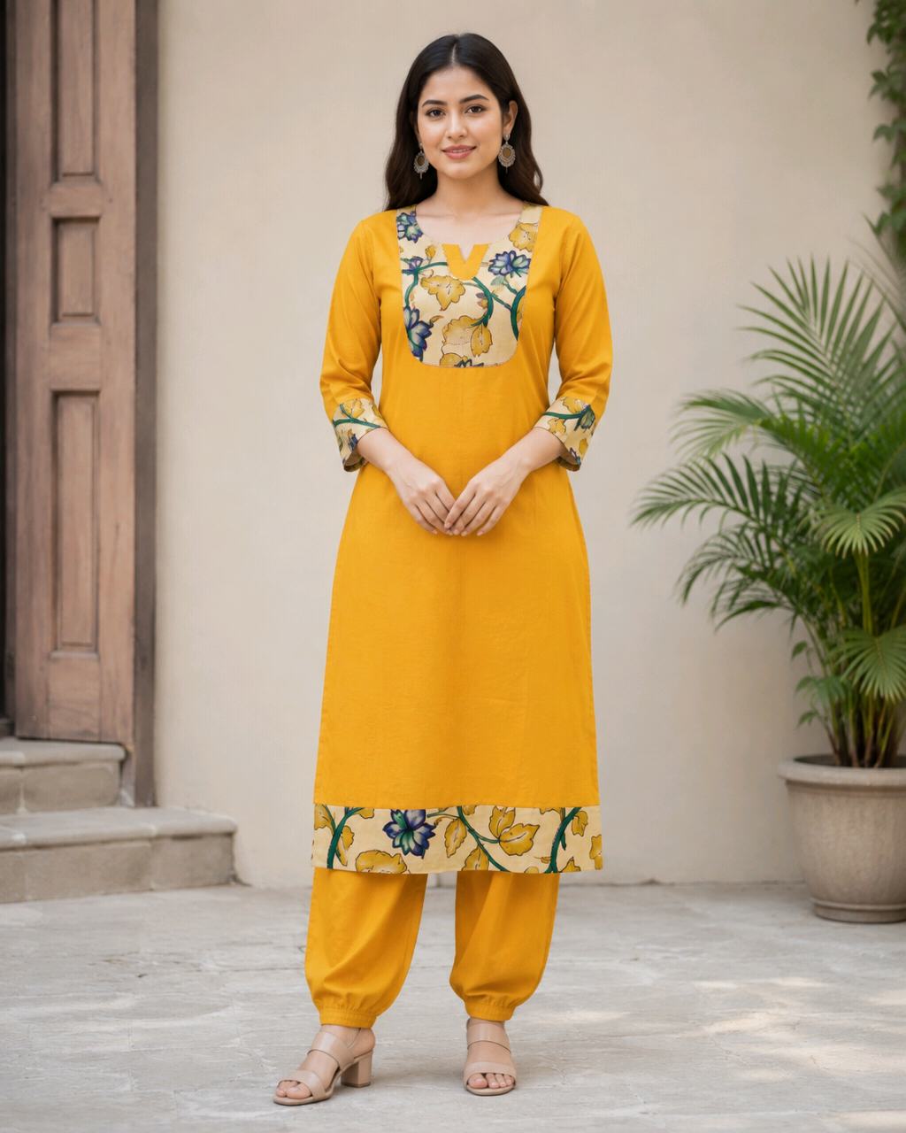 Women’s Pure Cotton Printed Kurta Pant Set | Mustard Yellow Floral 2 Piece Ethnic Wear Set