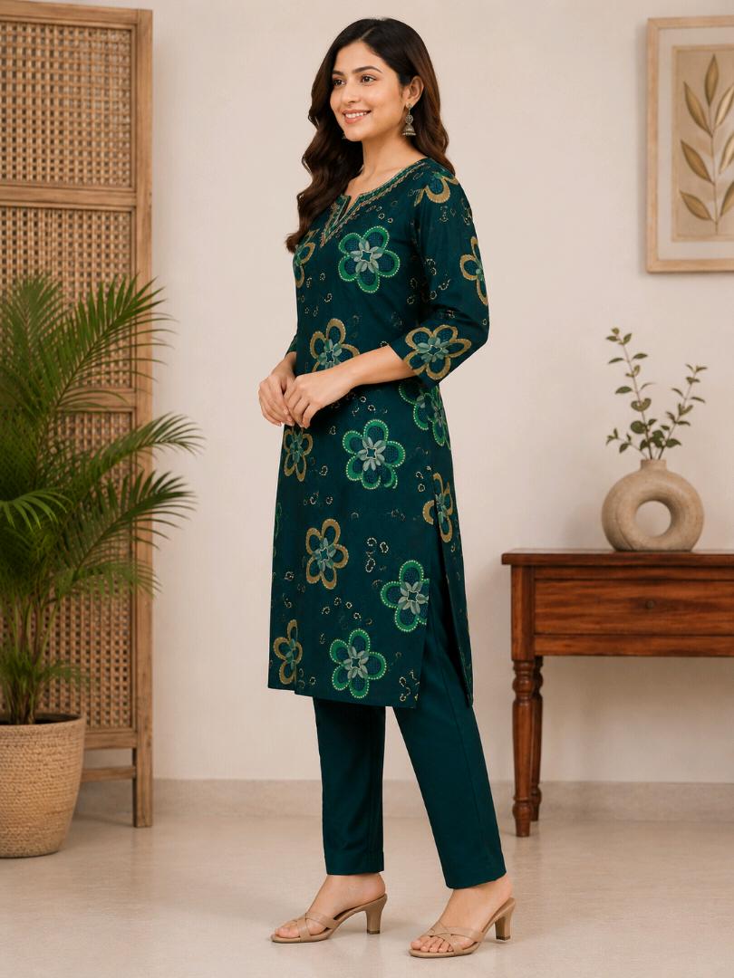 Women’s Pure Cotton Printed Kurti Pant Set | 2 Piece Ethnic Wear Set | Teal Green Floral Print