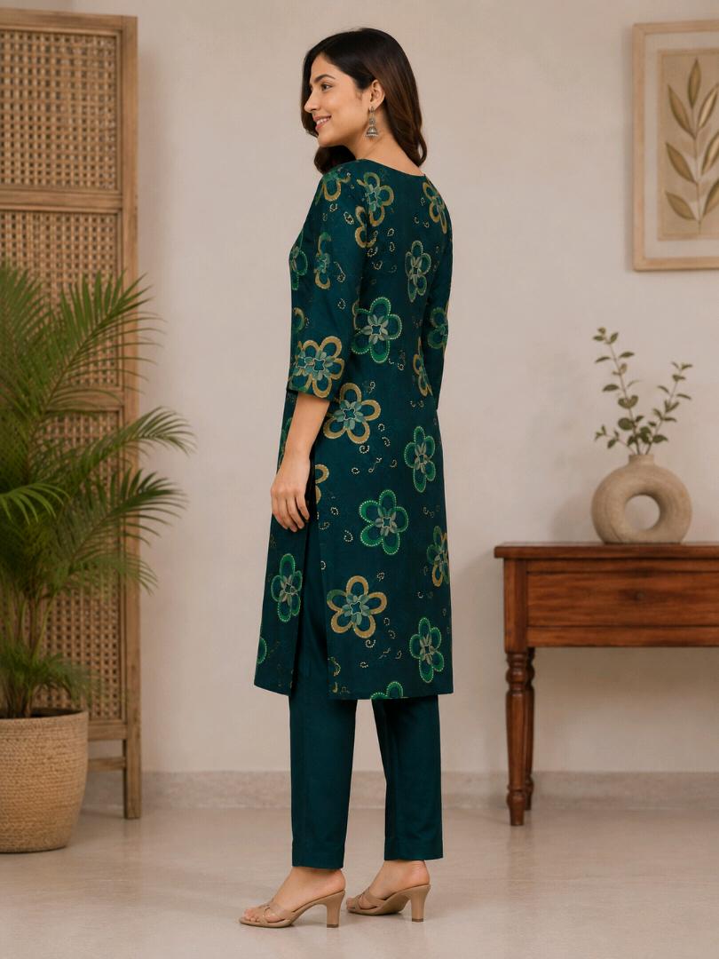 Women’s Pure Cotton Printed Kurti Pant Set | 2 Piece Ethnic Wear Set | Teal Green Floral Print