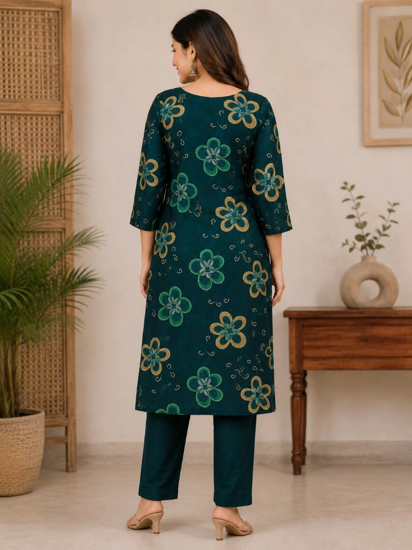 Women’s Pure Cotton Printed Kurti Pant Set | 2 Piece Ethnic Wear Set | Teal Green Floral Print