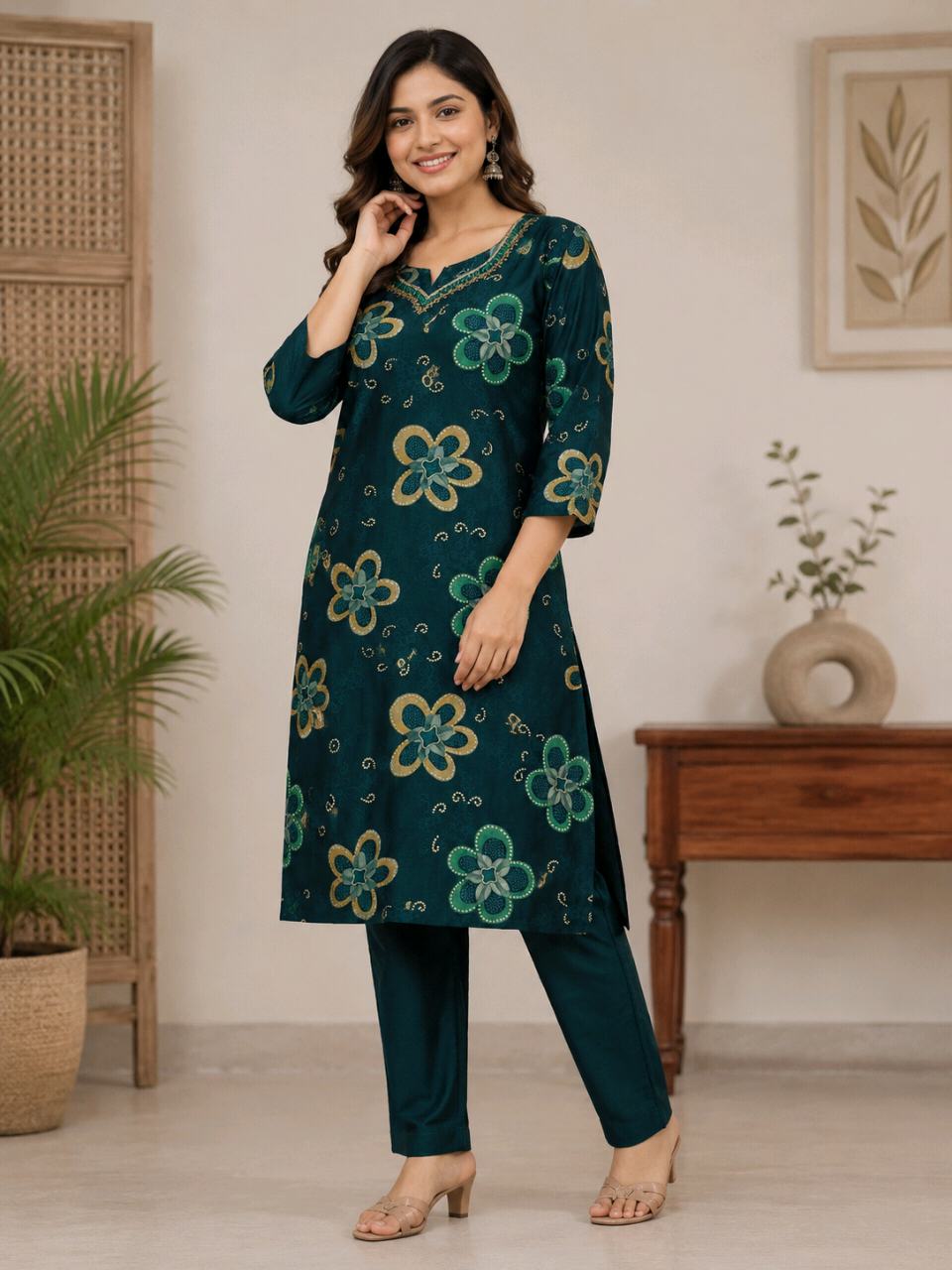 Women’s Pure Cotton Printed Kurti Pant Set | 2 Piece Ethnic Wear Set | Teal Green Floral Print