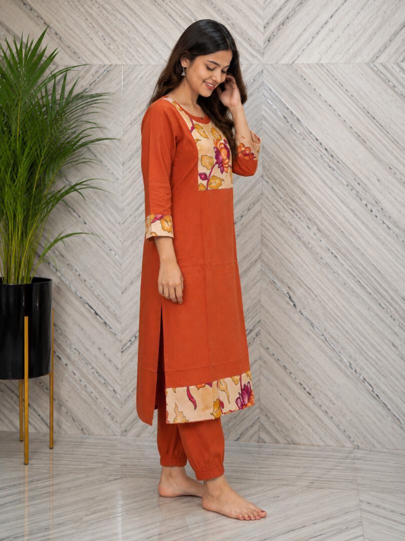 Women’s Rust Orange Floral Printed Straight Kurta with Pant Set | Stylish 2 Piece Ethnic Wear