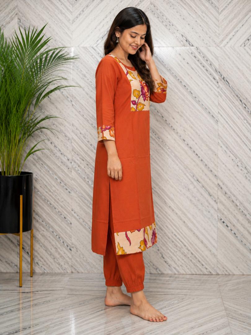 Women’s Rust Orange Floral Printed Straight Kurta with Pant Set | Stylish 2 Piece Ethnic Wear