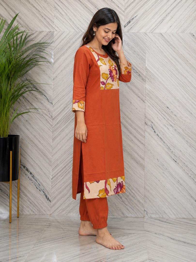 Women’s Rust Orange Floral Printed Straight Kurta with Pant Set | Stylish 2 Piece Ethnic Wear
