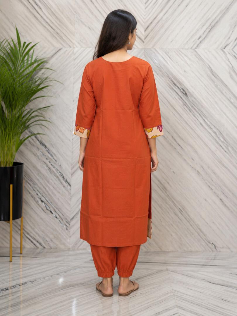 Women’s Rust Orange Floral Printed Straight Kurta with Pant Set | Stylish 2 Piece Ethnic Wear